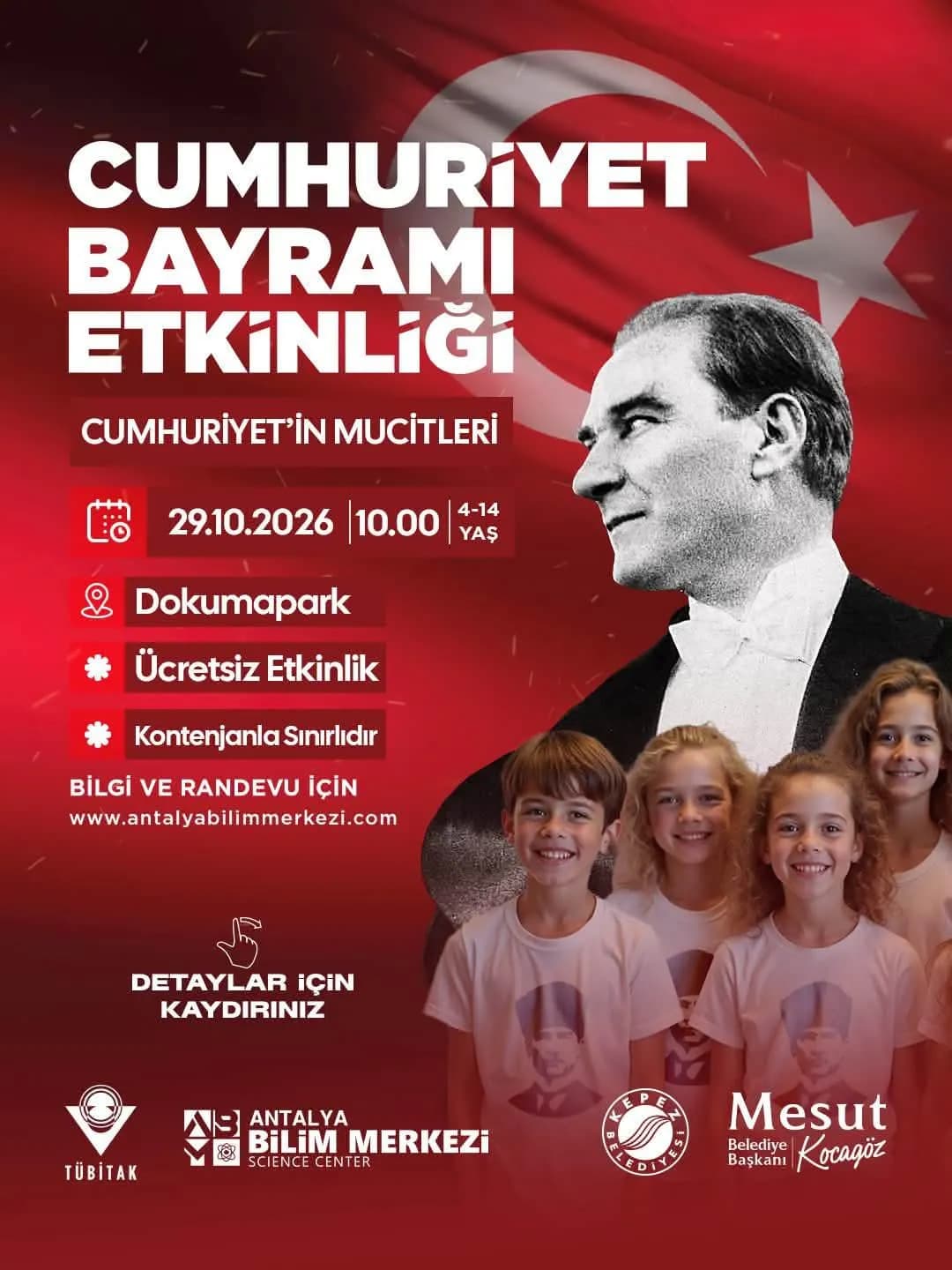 Atatürk ve çocuk görselli afiş arka plan kırmızı yazılar beyaz punto