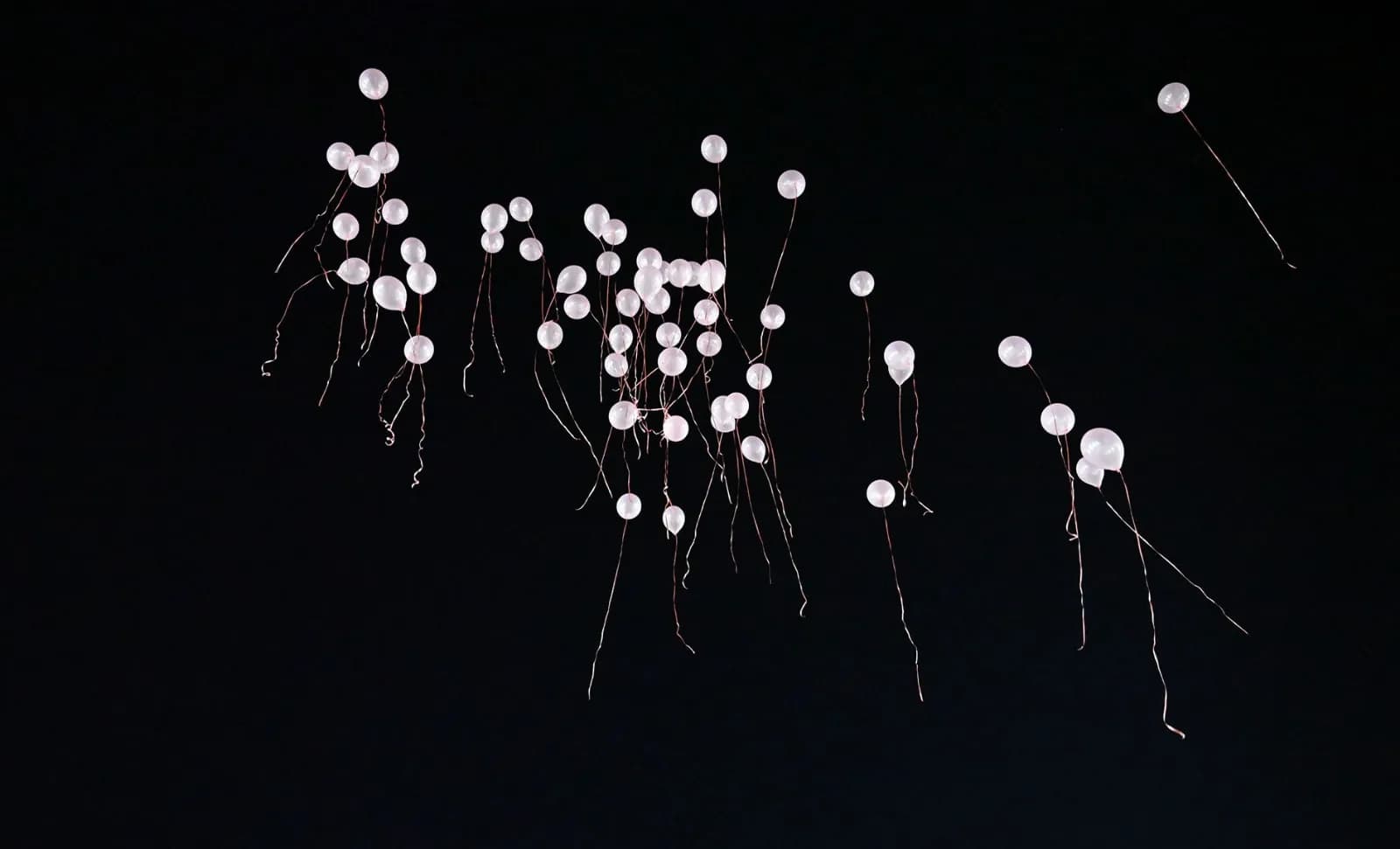 gökyüzünde çok sayıda pembe balon havalanıyor uçlarında ipleri de var balonların 