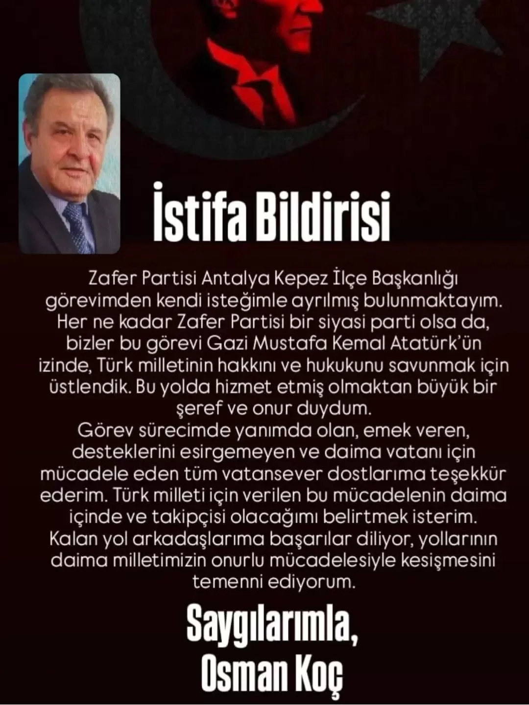 Zafer Partisi Kepez İlçe Başkanı Osman Koç istifa