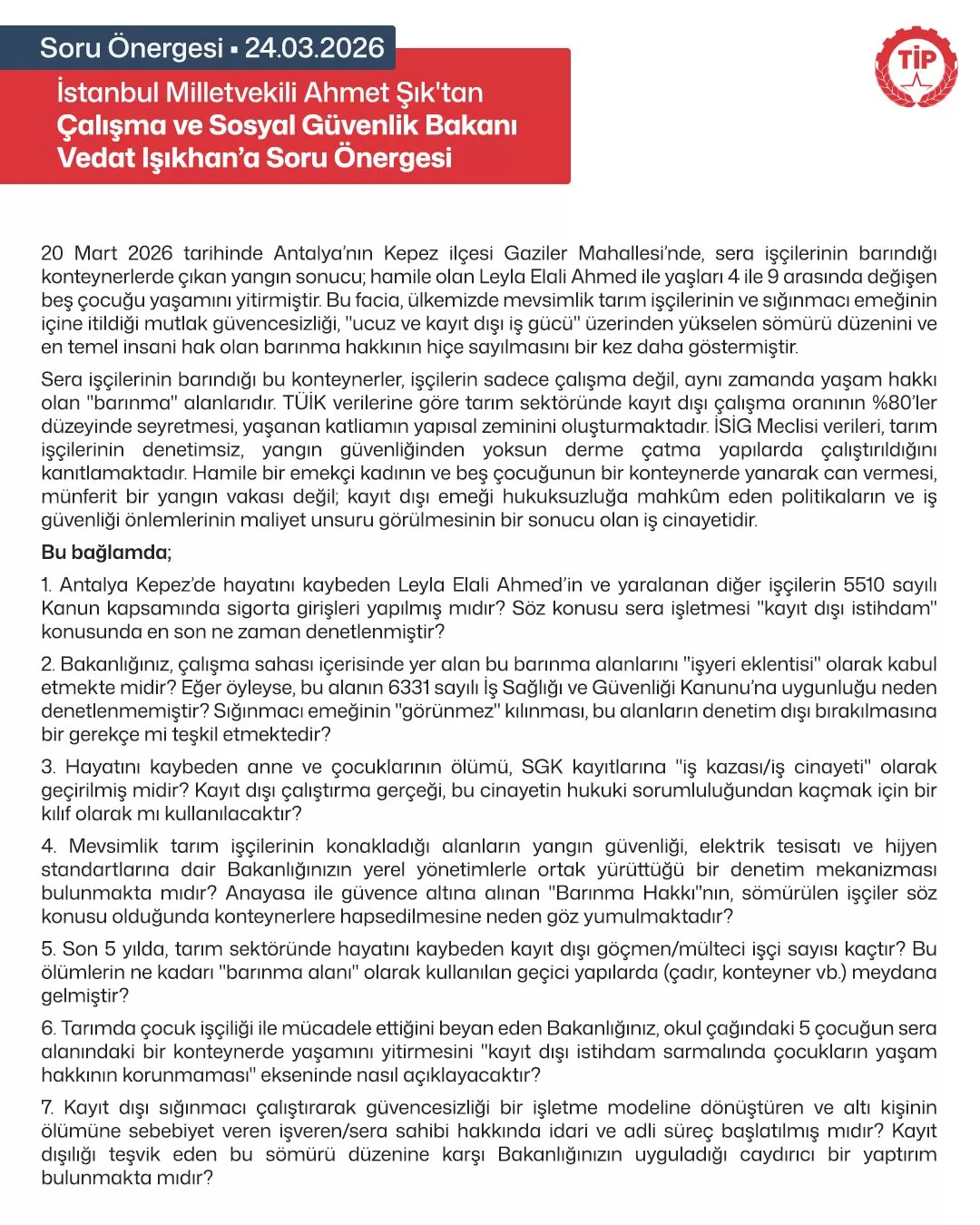 kepez iş cinayeti,kepez konteyner yangını, ahmet şık kepez yangını, ahmet şık soru önergesi